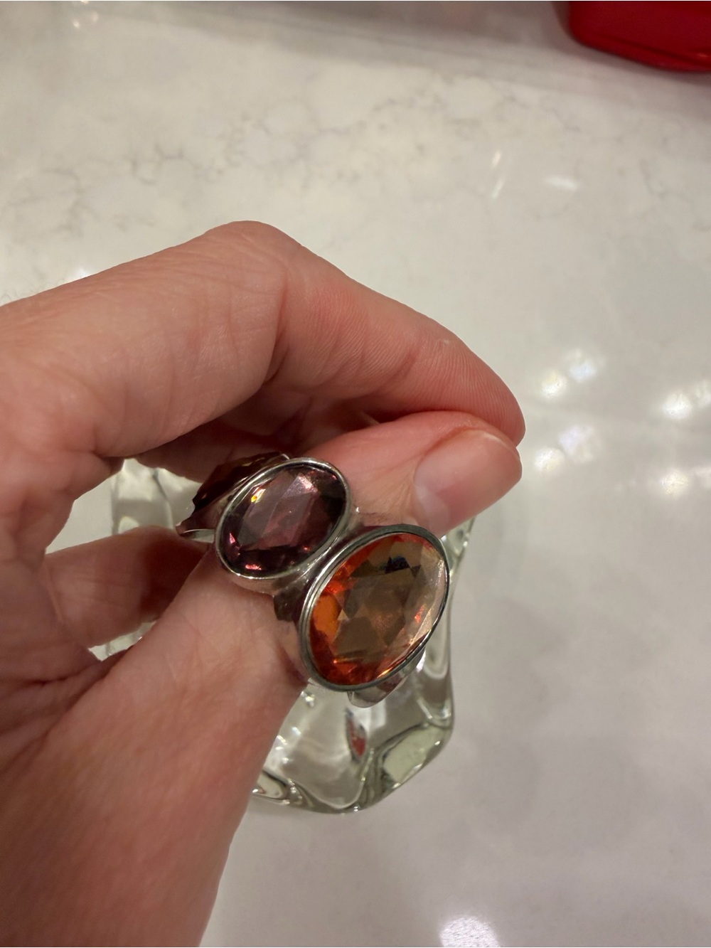Elegant Double Gemstone Silver Ring - Amber and Rose Tones
